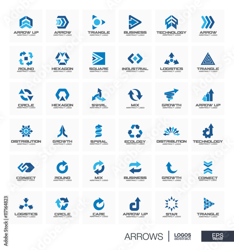 Abstract logo set for business company. Corporate identity design elements. Triangle, mix, growth, group connect concept. Arrow up direct, switch, turn, merge logotype collection. Colorful Vector icon