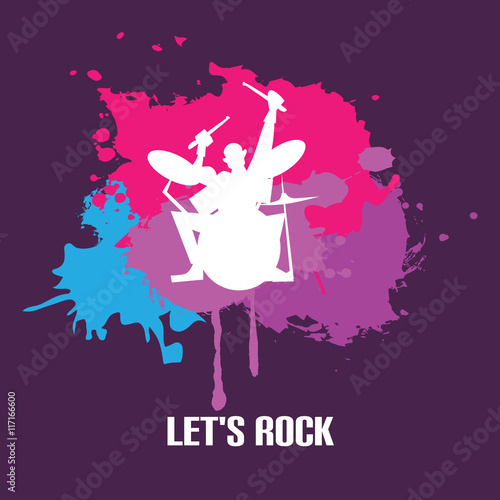 Silhouette of drummer playing drums on bright background vector illustration