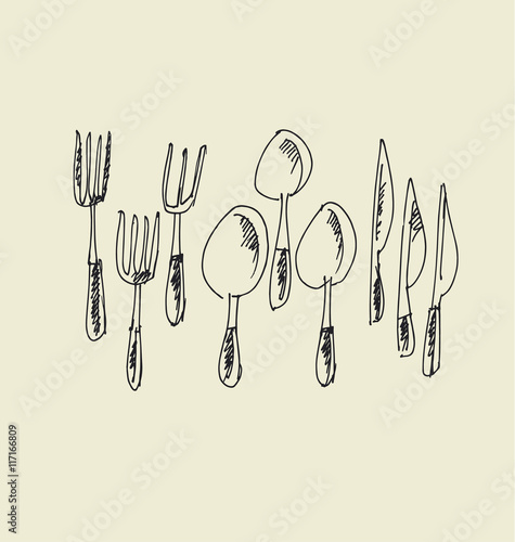 kitchen tableware hand drawn image. fork, knife and spoon sketch