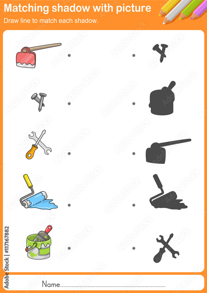 Match construction tools with shadow Worksheet for education Stock