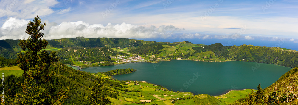 Scenic panorama of Sete Citades volcanic crater lake in Azores Scenic panorama of Sete Citades volcanic crater lake in Azores