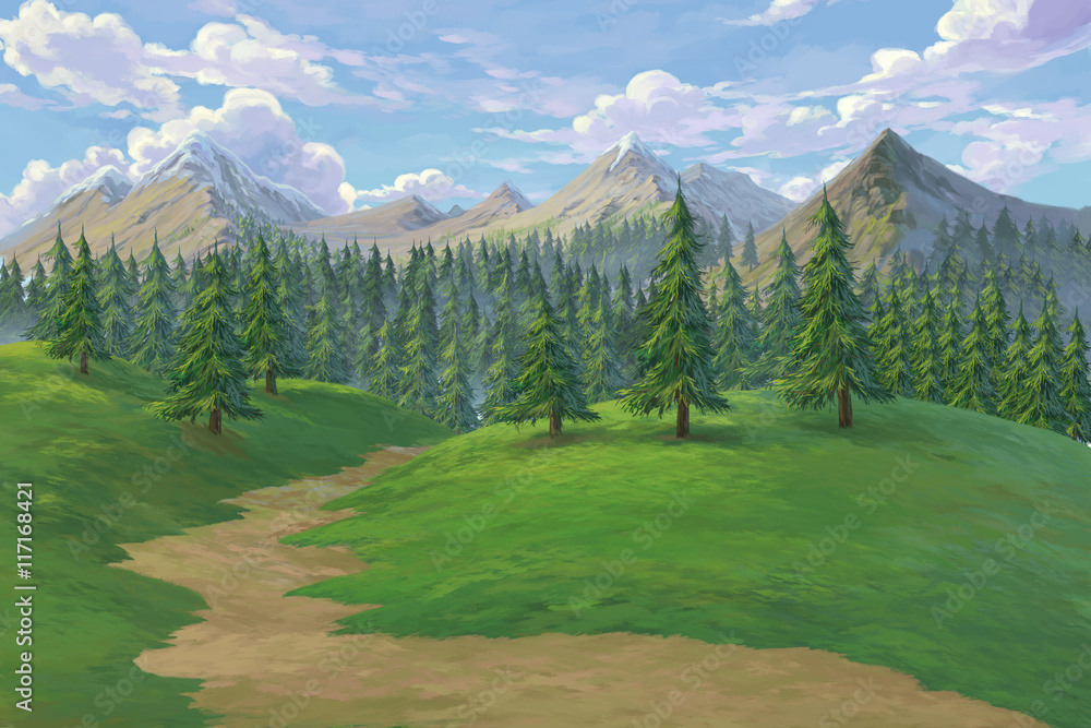 Obraz premium Pine forest mountain painted illustration background
