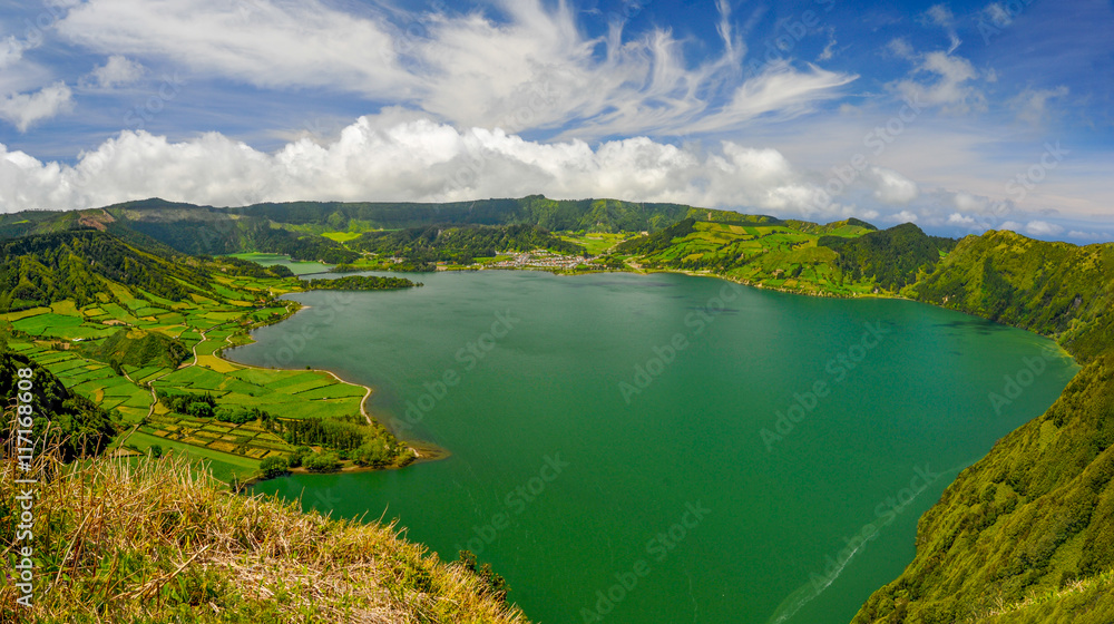 Scenic panorama of Sete Citades volcanic crater lake in Azores