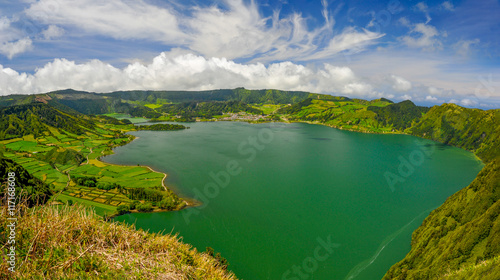 Scenic panorama of Sete Citades volcanic crater lake in Azores photo