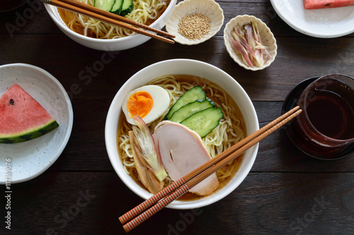 a bowl of cold ramen, a Japanese noodles dish commonly served in Japan during summer