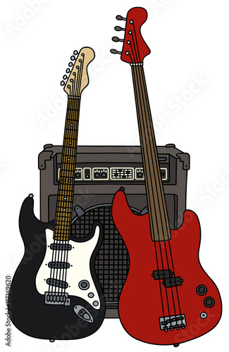 Electric guitars and the combo / Hand drawing, vector illustration