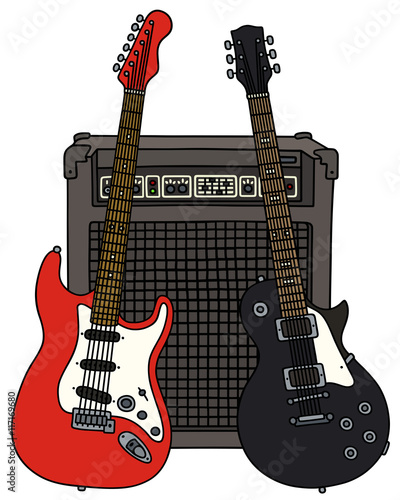Electric guitars and the combo / Hand drawing, vector illustration