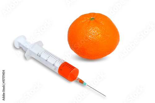 Genetically modified orange on white background. Orange toxin. Anti natural. Intoxicated food