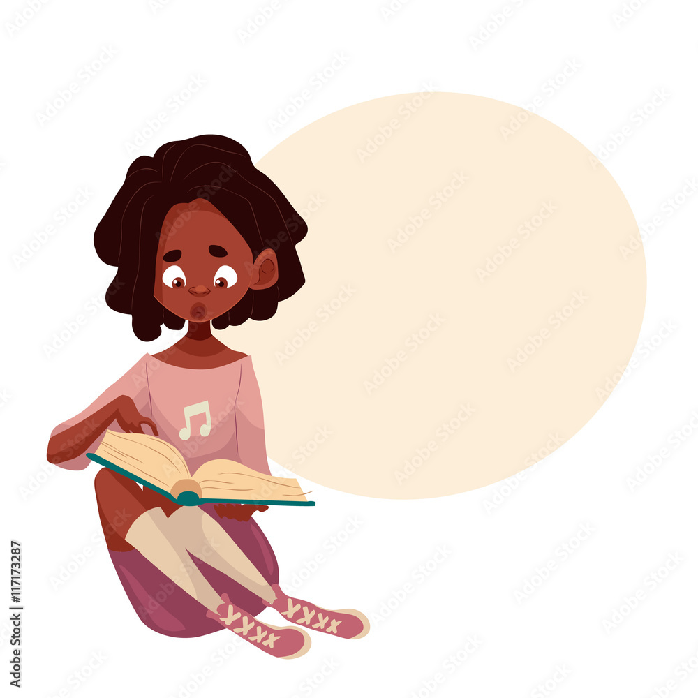 Little African American girl sitting and reading a book, cartoon style  vector illustration isolated on white background. Small black skinned girl  reading a book on the floor, studying concept Stock Vector |