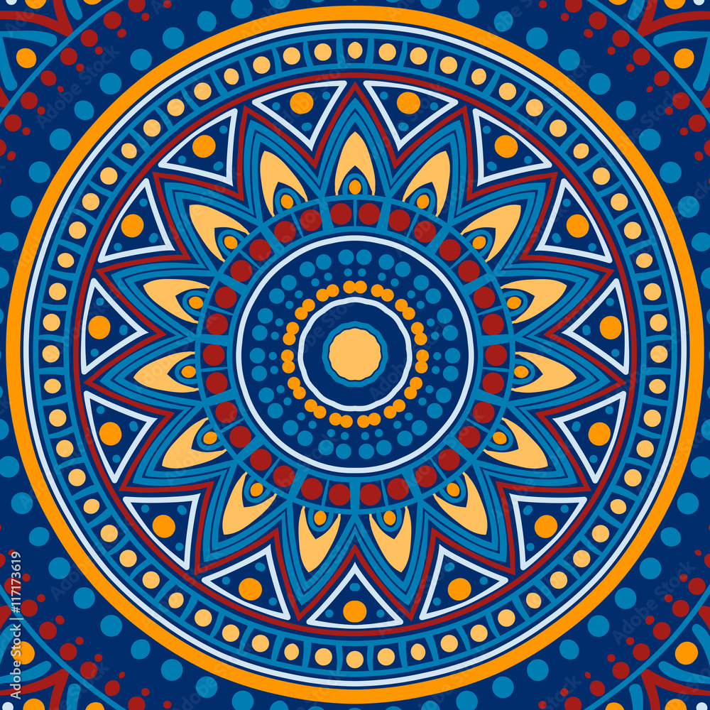 Drawing of a floral mandala in red, blue and orange colors on a dark blue background