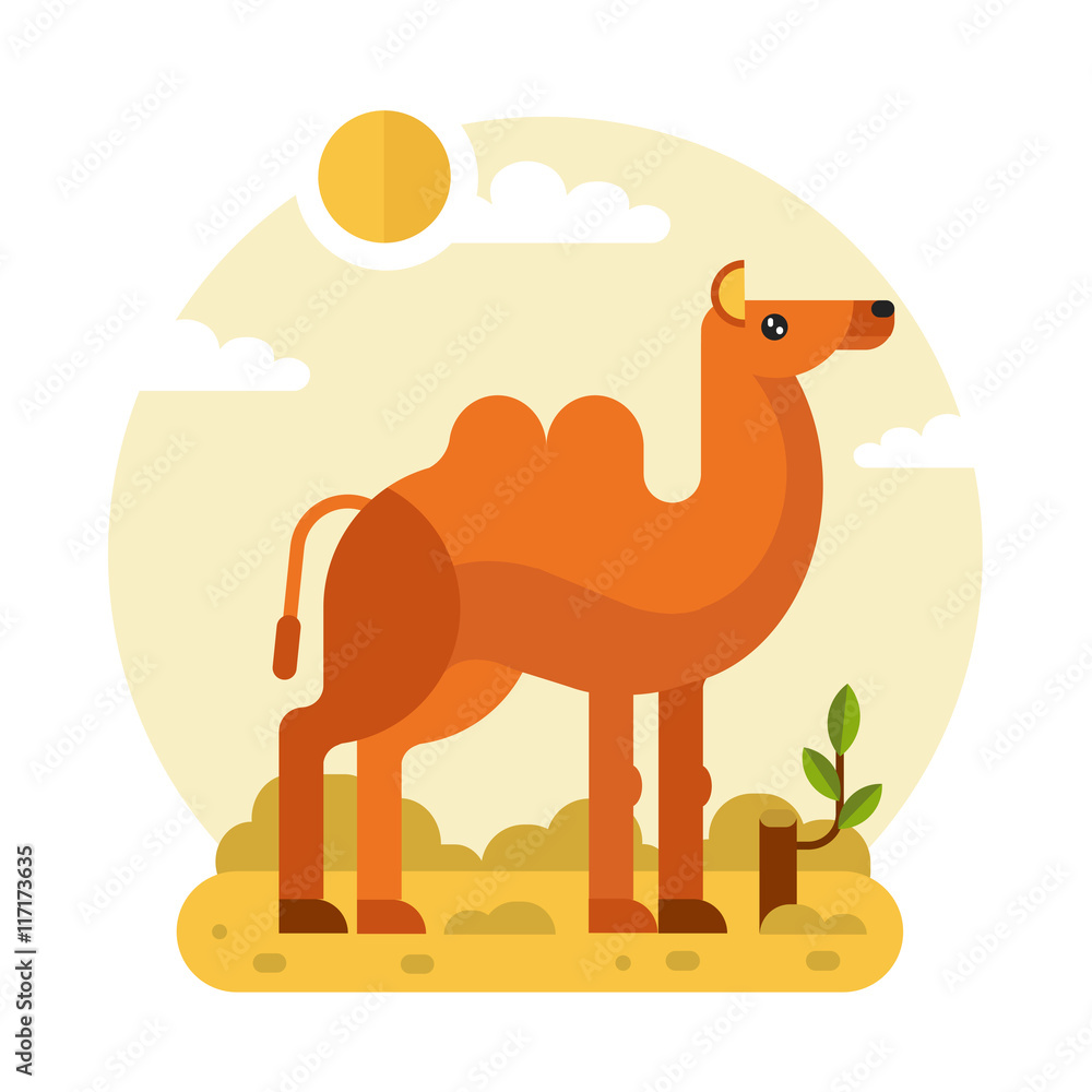 Fototapeta premium Flat design vector geometric illustration of cute Bactrian or two-humped camel and stump with a branch in the hot Desert. Including sun, sand, clouds, leaves. Animal in the wild nature concept.