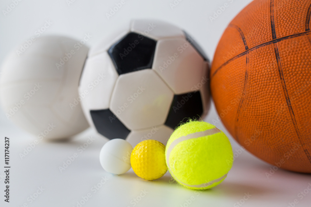 close up of different sports balls set close up of different sports balls set