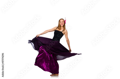 Woman in purple dress isolated on white