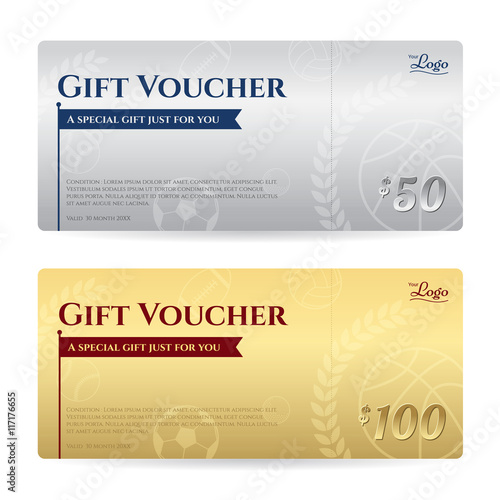 Gift voucher or gift certificate template in luxury gold and silver background