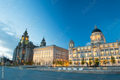 Liverpool city centre - Three Graces  buildings on Liverpool s waterfront at night  UK