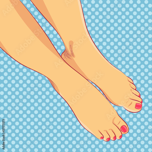 Bare female feet, pedicure, pink toenails. Front view, close up. Foot care concept. Vector illustration, isolated, white background. Design element for spa, cosmetic products. Pop art retro background