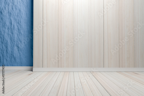 Empty interior light blue room with wooden floor  For display of