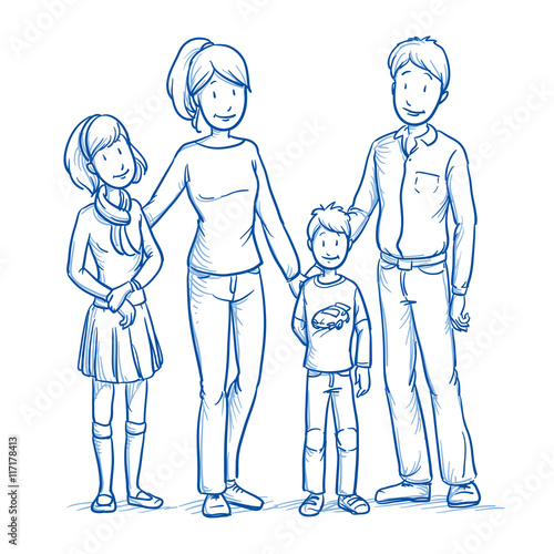 Happy young family in casual clothes with two children. Hand drawn line art cartoon vector illustration.