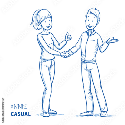 Happy young woman in casual clothes showing thumb up and shaking hands with a young man. Hand drawn line art cartoon vector illustration.