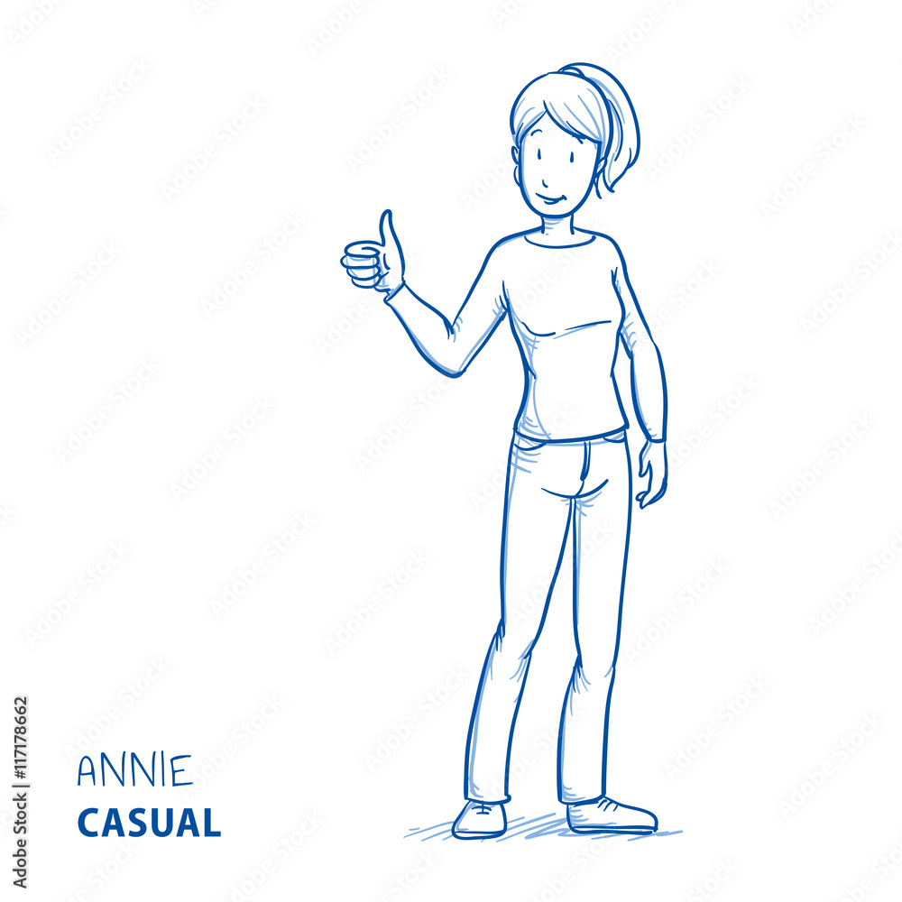 Happy young woman in casual clothes showing thumb up. Hand drawn line art cartoon vector illustration. Happy young woman in casual clothes showing thumb up. Hand drawn line art cartoon vector illustration.