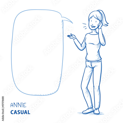 Happy young woman in casual clothes talking on the phone with speech bubble. Hand drawn line art cartoon vector illustration.