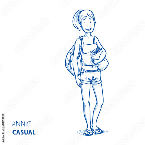 Happy young woman in casual summer clothes carrying a bag and a towel. Hand drawn line art cartoon vector illustration.