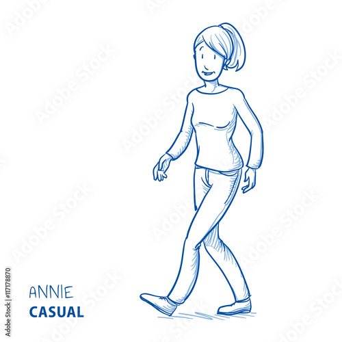 Happy young woman walking relaxed in casual clothes. Hand drawn line art cartoon vector illustration.