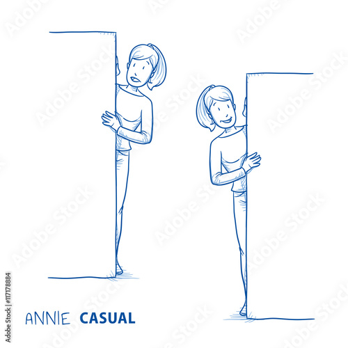 Happy young woman in casual clothes peering behind a wall in two emotions. Hand drawn line art cartoon vector illustration.