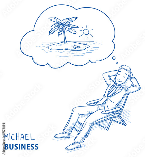 Happy young man in business suit relaxing in a deck chair dreaming of summer holiday with thought bubble. Hand drawn line art cartoon vector illustration.