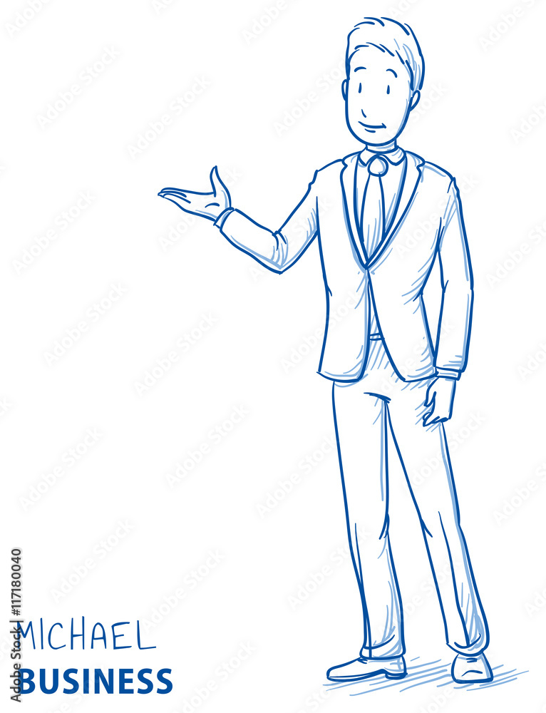 Happy young man in business suit holding hand as if explaining or presenting something (e.g product). Hand drawn line art cartoon vector illustration. Happy young man in business suit holding hand as if explaining or presenting something (e.g product). Hand drawn line art cartoon vector illustration.