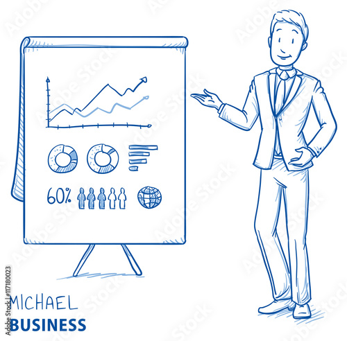 Happy young man in business suit holding hand as if explaining or presenting something (e.g product). Hand drawn line art cartoon vector illustration.