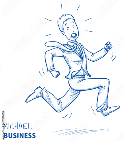 Young man in business suit running for his life. Hand drawn line art cartoon vector illustration.