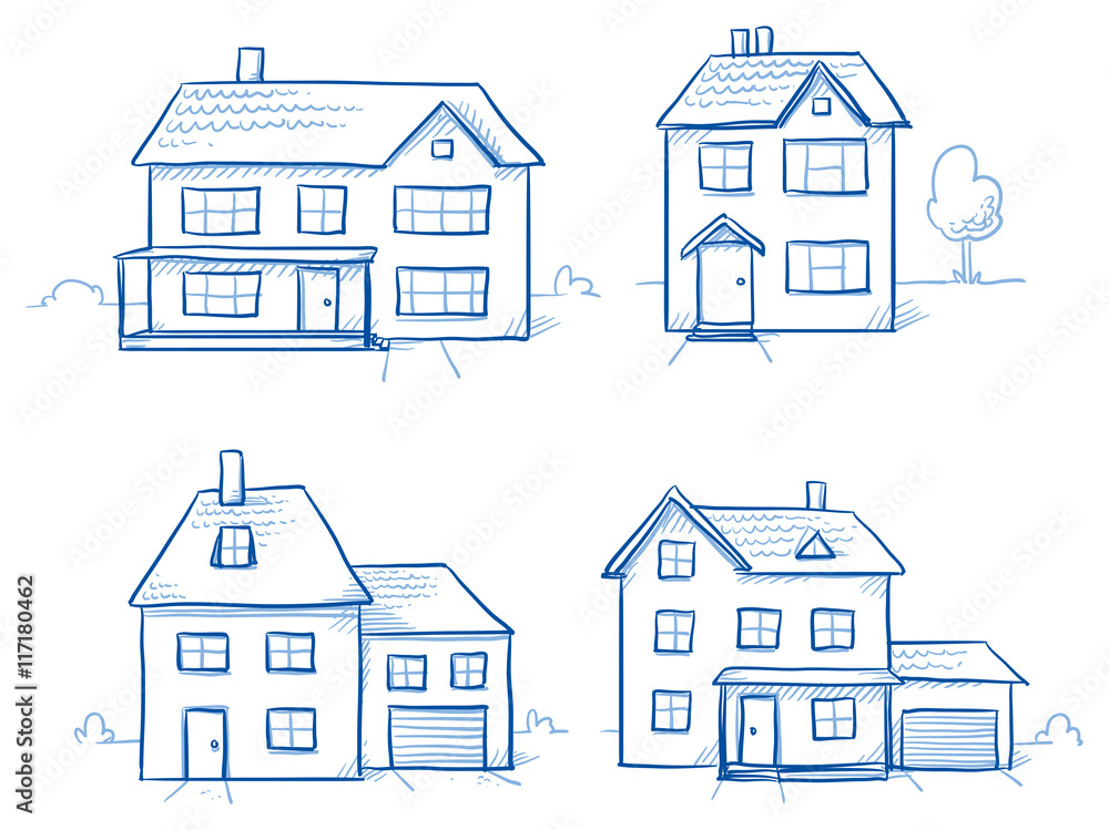 Set of different houses, detached, single family houses with gardens and garage. Hand drawn cartoon vector illustration.