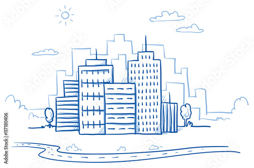 City view with office buildings and road. Hand drawn doodle vector illustration
