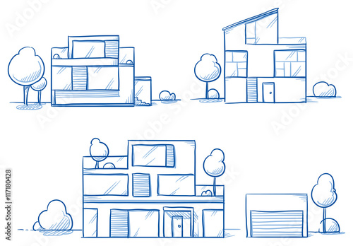 Set of different modern noble designer houses, detached, single family houses with gardens and garage. Hand drawn cartoon vector illustration.