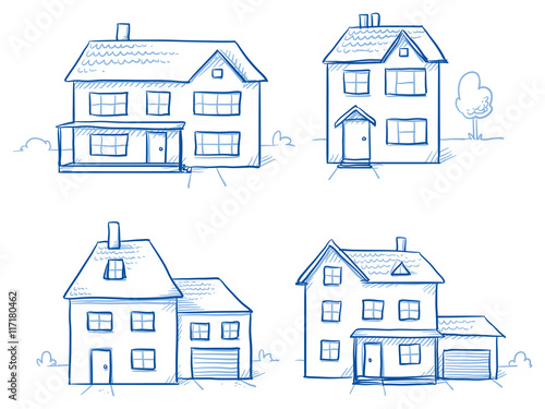 Set of different houses, detached, single family houses with gardens and garage. Hand drawn cartoon vector illustration.