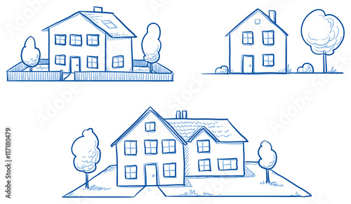 Set of three different houses, detached, single family houses with gardens. Hand drawn cartoon vector illustration.