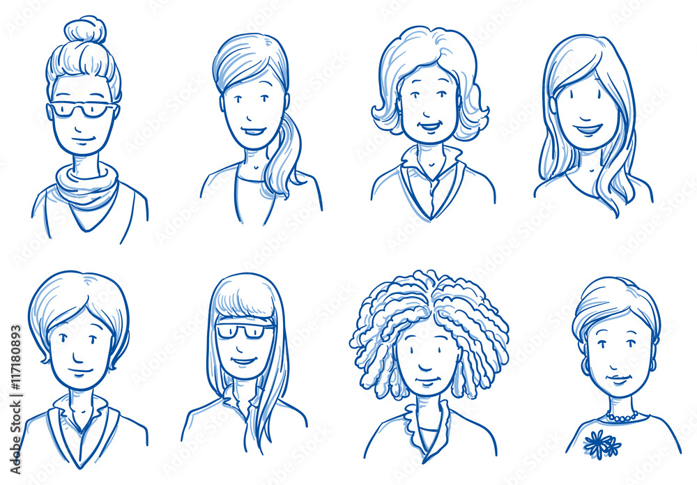 People collection women. Set of various happy women in business and casual clothes, mixed age expressing positive emotions. Hand drawn line art cartoon vector illustration. People collection women. Set of various happy women in business and casual clothes, mixed age expressing positive emotions. Hand drawn line art cartoon vector illustration.