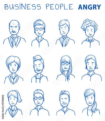 Collection of angry business people. Set of various dissatisfied, enraged men and women in business clothes, mixed age expressing negative emotions. Hand drawn line art cartoon vector illustration.