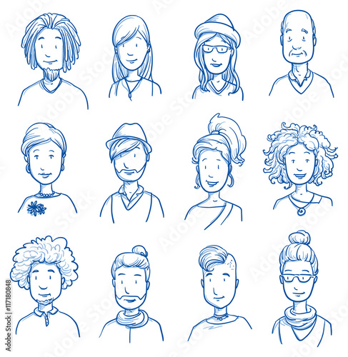 People collection casual. Set of various happy men and women in casual clothes, mixed age expressing positive emotions. Hand drawn line art cartoon vector illustration.
