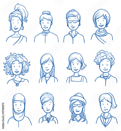 People collection women. Set of various happy women in business and casual clothes, mixed age expressing positive emotions. Hand drawn line art cartoon vector illustration.