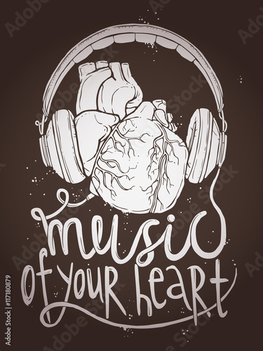 Design Of Music Poster With Anatomical Heart And Headphones On Chalkboard, Illustration With Typography