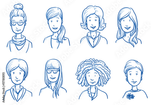 People collection women. Set of various happy women in business and casual clothes, mixed age expressing positive emotions. Hand drawn line art cartoon vector illustration.