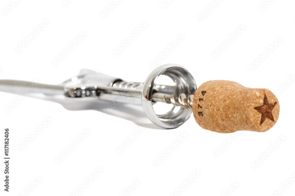 Corkscrew for wine and cork isolated on a white background Corkscrew for wine and cork isolated on a white background