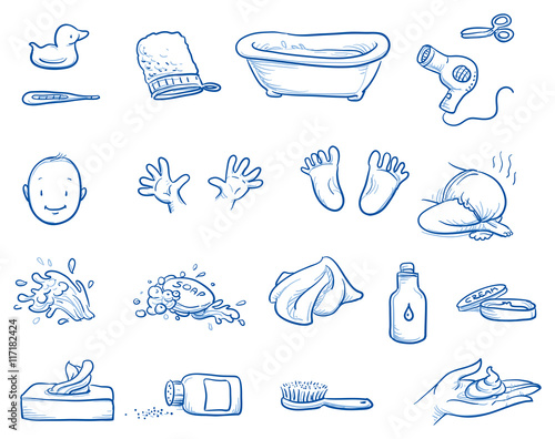 Set of baby care icons, with bath tub, soap, cloth, hand, feet, face, diaper, cream and many more. Hand drawn line art vector illustration.