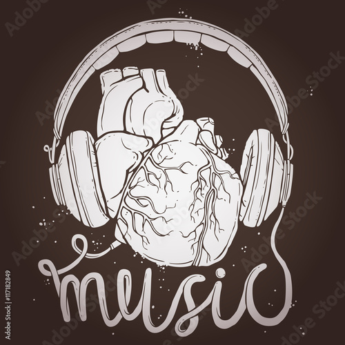 Music Poster With Anatomical Heart And Headphones On Chalkbo