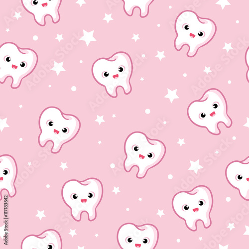 Vector seamless illustration with teeth on a pink background. Stamatologichesky background. Funny pattern in the children s theme.