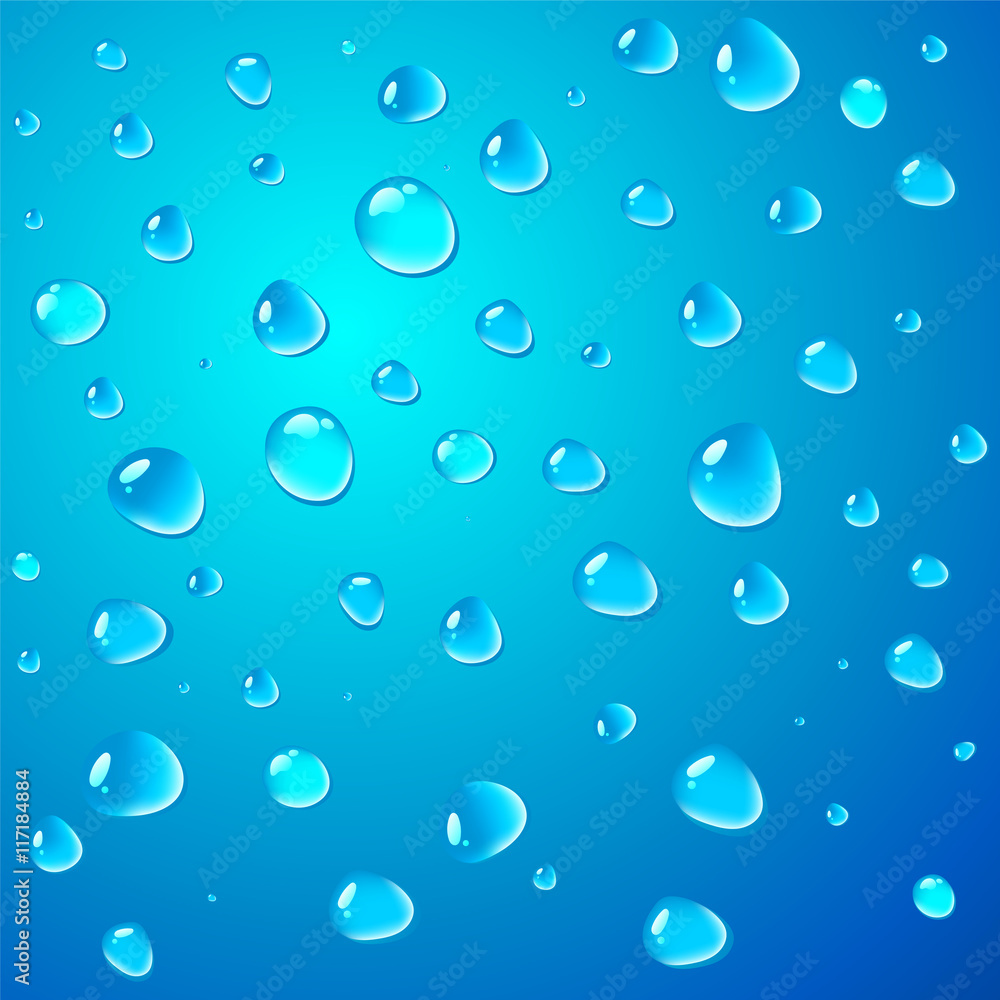 Water drops vector background. Rain condensation on a blue surface. Weather forecast. Liquid droplets, wet glass texture. Light clean dew, rainy day, abstract illustration.