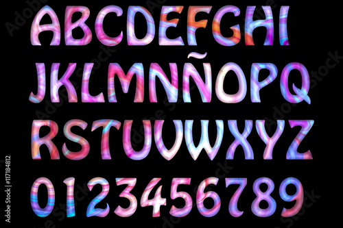 Letters and numbers multicolored isolated on black.