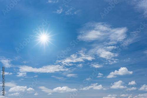 Blue sky with clouds and sun reflection